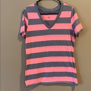Pink and Grey striped V-Neck